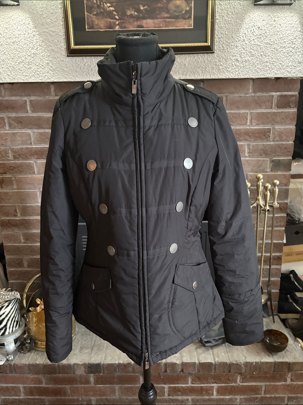 DKNY Black Quilted Double-Breasted Light Puffer Jacket